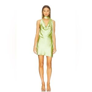 Satin Cowl Halter Mini Dress in Lime Green